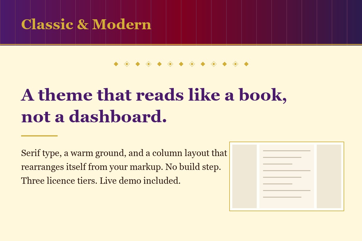 Classic & Modern: a serif theme on a warm ground, with a three-column layout
